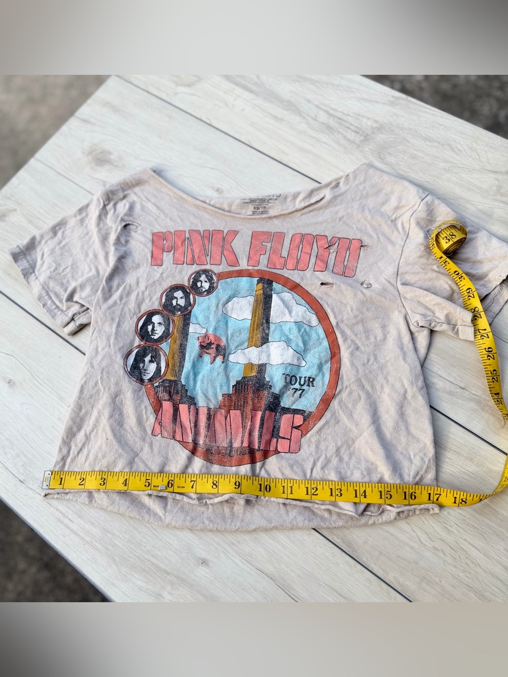 Pink Floyd Distressed Graphic Band Tee XS Cropped Wide Neck One Shoulder NWOT - Picture 8 of 10